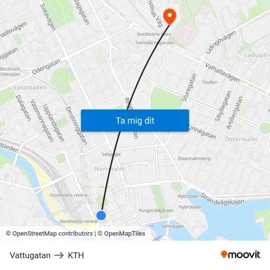 Vattugatan to KTH map