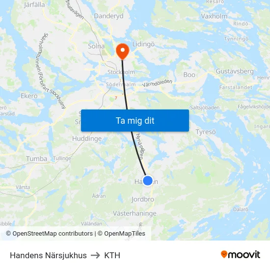 Handens Närsjukhus to KTH map