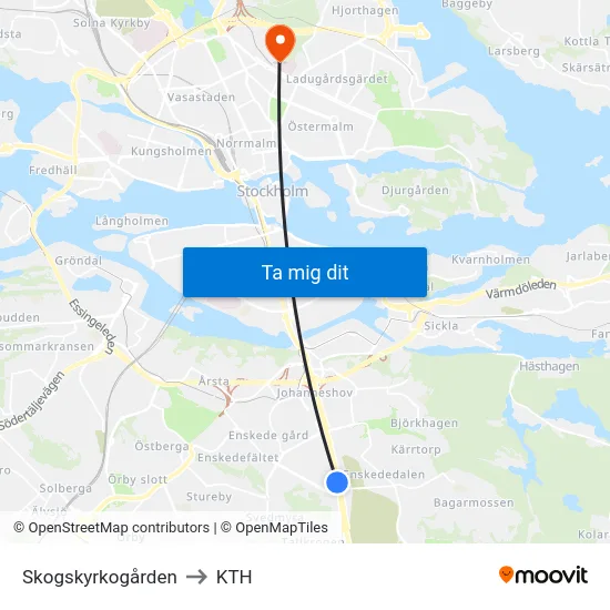 Skogskyrkogården to KTH map