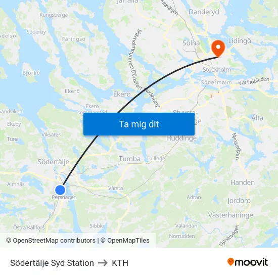 Södertälje Syd Station to KTH map
