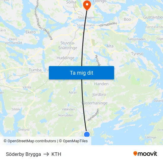 Söderby Brygga to KTH map
