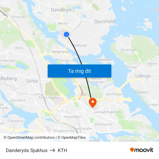 Danderyds Sjukhus to KTH map