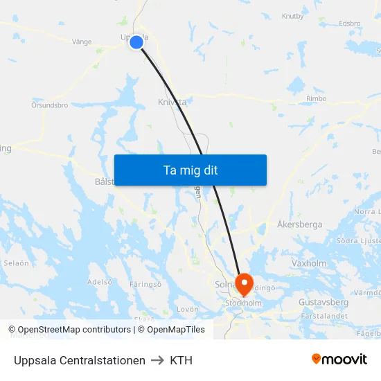 Uppsala Centralstationen to KTH map