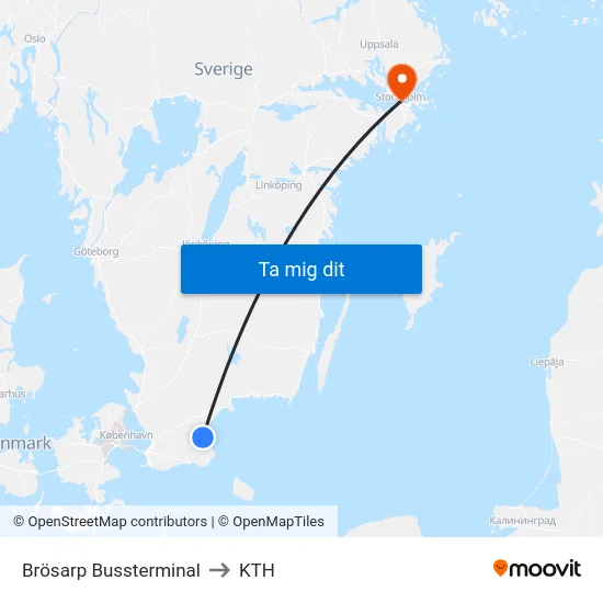 Brösarp Bussterminal to KTH map