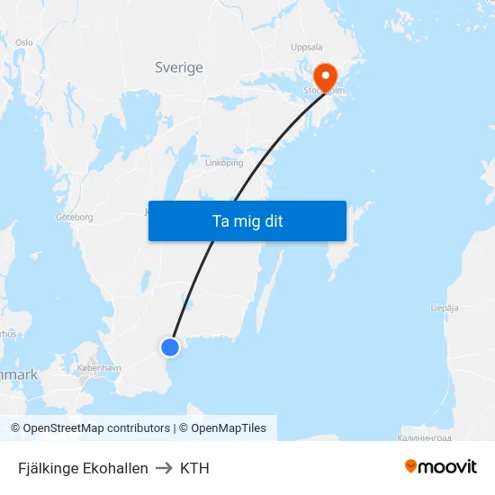 Fjälkinge Ekohallen to KTH map