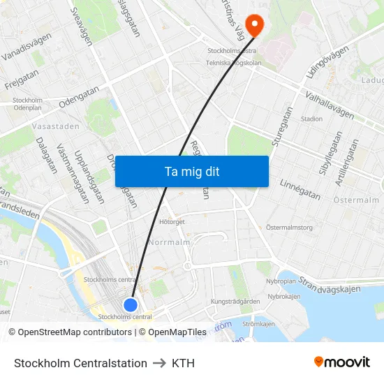 Stockholm Centralstation to KTH map