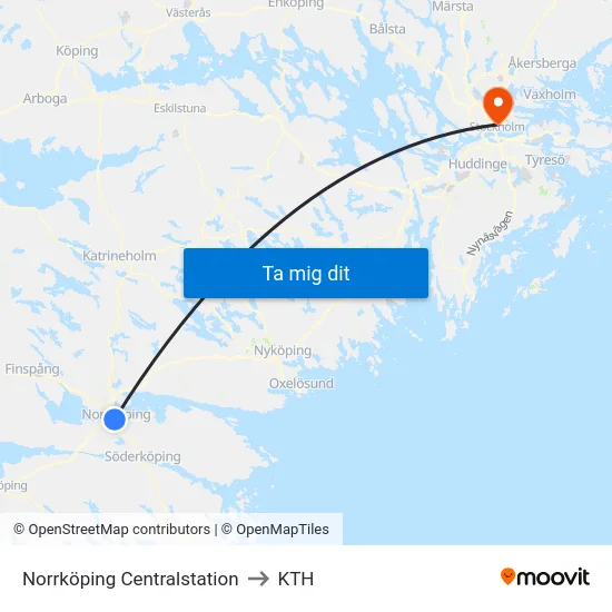 Norrköping Centralstation to KTH map