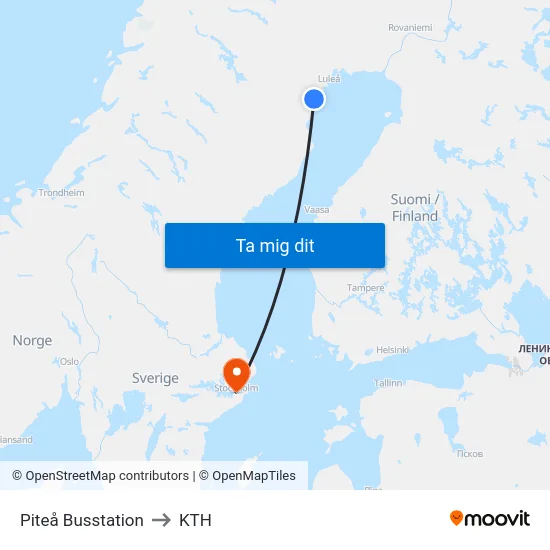 Piteå Busstation to KTH map