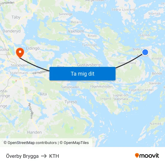 Överby Brygga to KTH map
