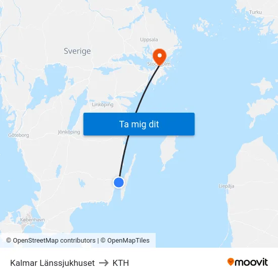 Kalmar Länssjukhuset to KTH map