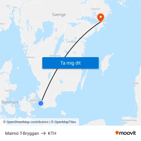 Malmö T-Bryggan to KTH map