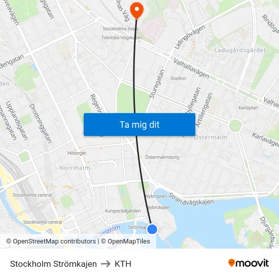 Stockholm Strömkajen to KTH map
