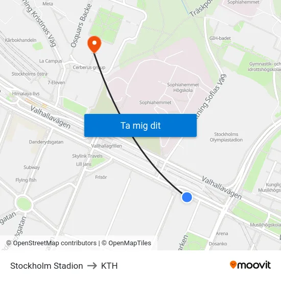 Stockholm Stadion to KTH map