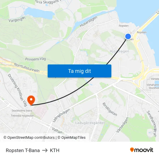 Ropsten T-Bana to KTH map