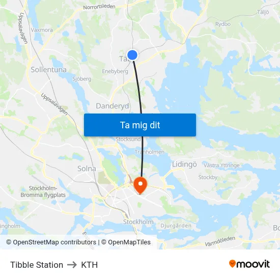 Tibble Station to KTH map