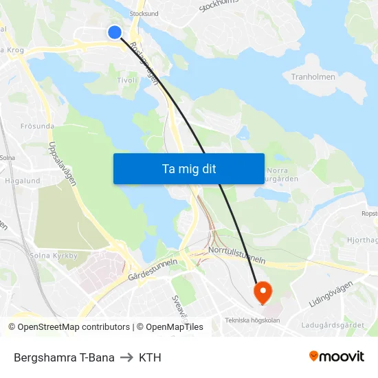 Bergshamra T-Bana to KTH map