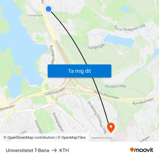 Universitetet T-Bana to KTH map