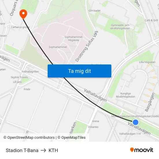 Stadion T-Bana to KTH map
