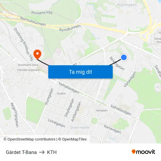 Gärdet T-Bana to KTH map