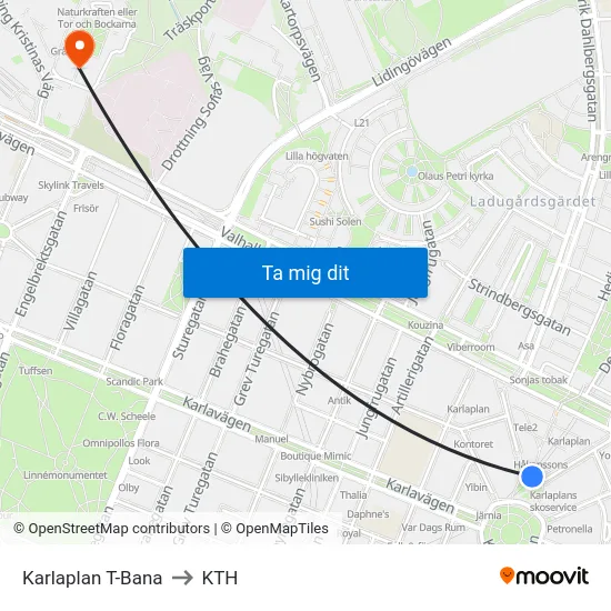 Karlaplan T-Bana to KTH map