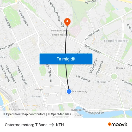 Östermalmstorg T-Bana to KTH map
