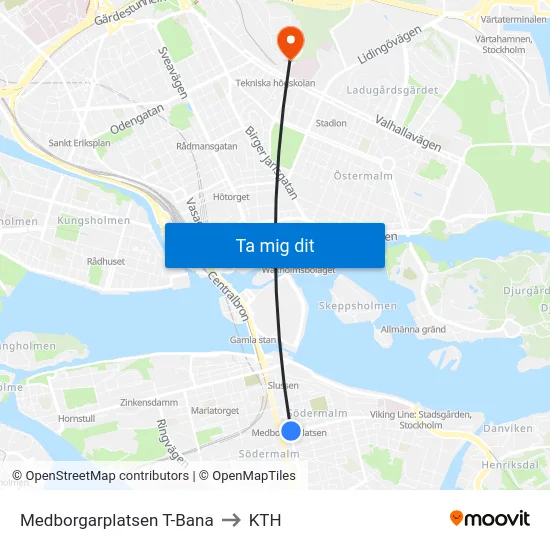 Medborgarplatsen T-Bana to KTH map