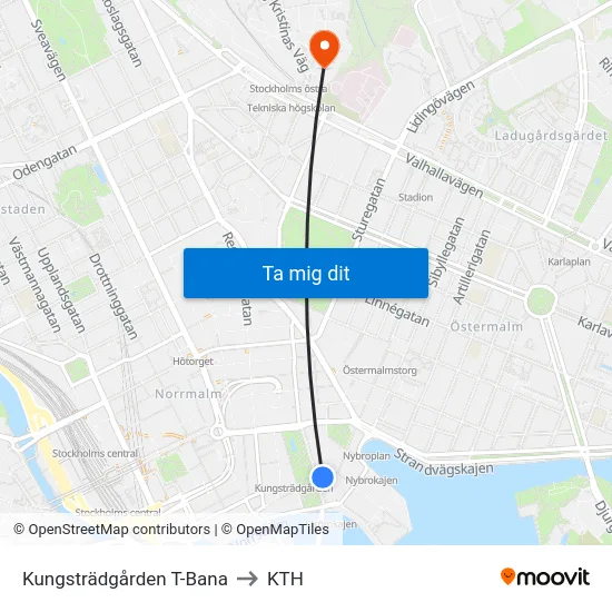 Kungsträdgården T-Bana to KTH map