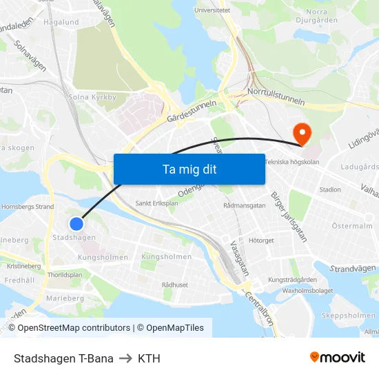 Stadshagen T-Bana to KTH map