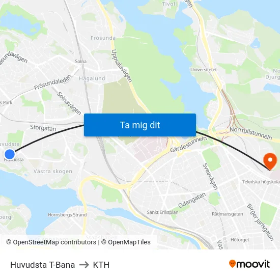 Huvudsta T-Bana to KTH map