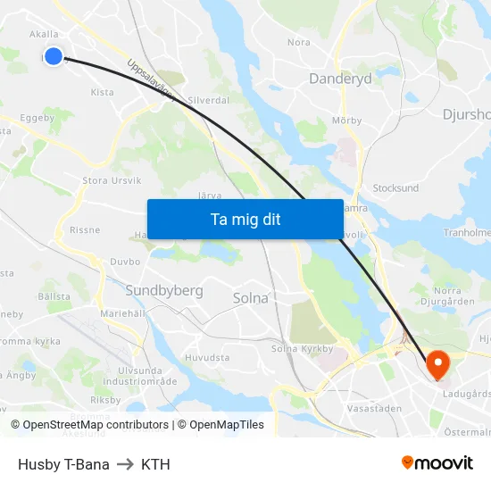 Husby T-Bana to KTH map