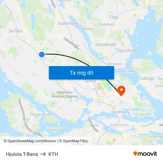 Hjulsta T-Bana to KTH map