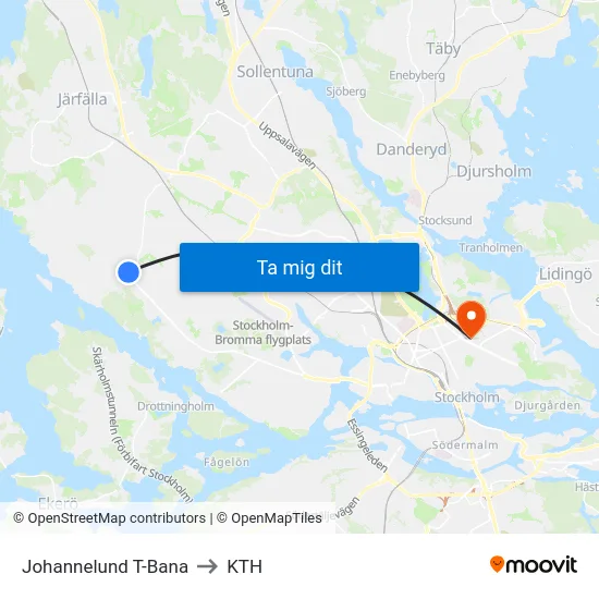Johannelund T-Bana to KTH map