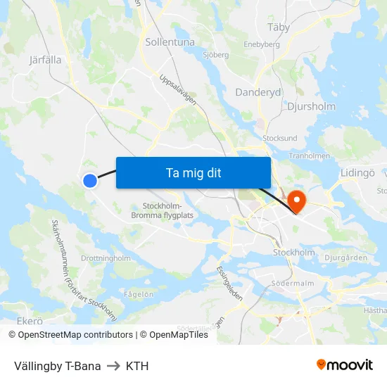Vällingby T-Bana to KTH map