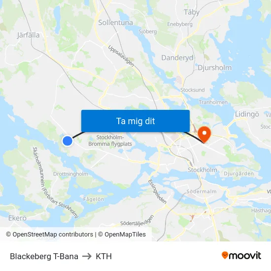 Blackeberg T-Bana to KTH map