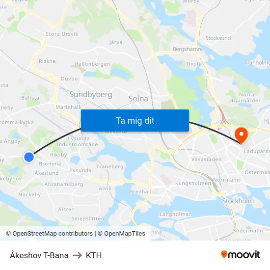 Åkeshov T-Bana to KTH map