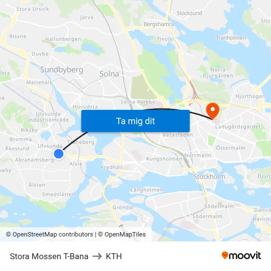 Stora Mossen T-Bana to KTH map