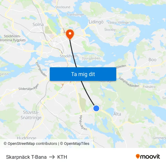 Skarpnäck T-Bana to KTH map
