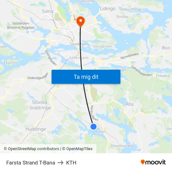 Farsta Strand T-Bana to KTH map