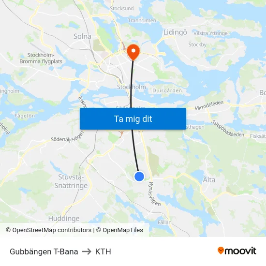 Gubbängen T-Bana to KTH map