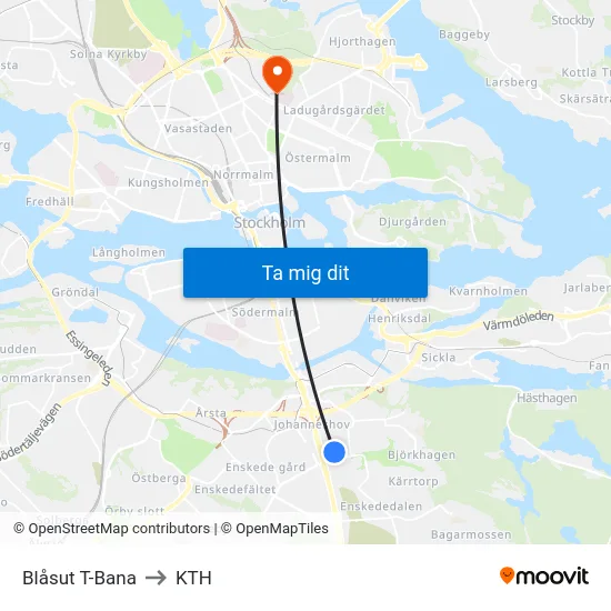 Blåsut T-Bana to KTH map