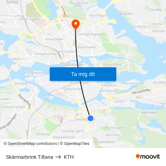 Skärmarbrink T-Bana to KTH map