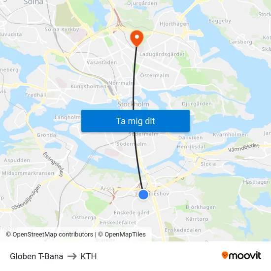 Globen T-Bana to KTH map