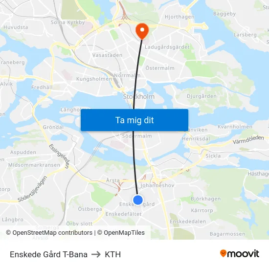 Enskede Gård T-Bana to KTH map
