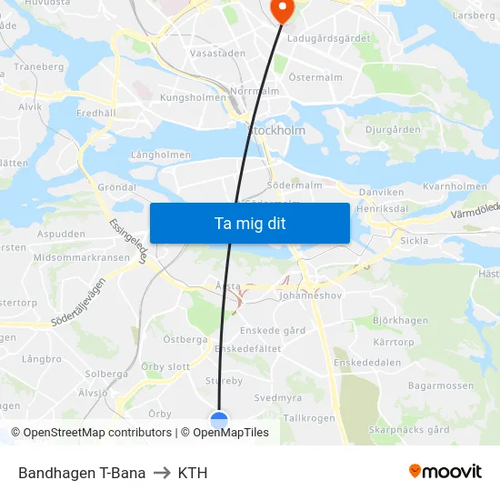 Bandhagen T-Bana to KTH map