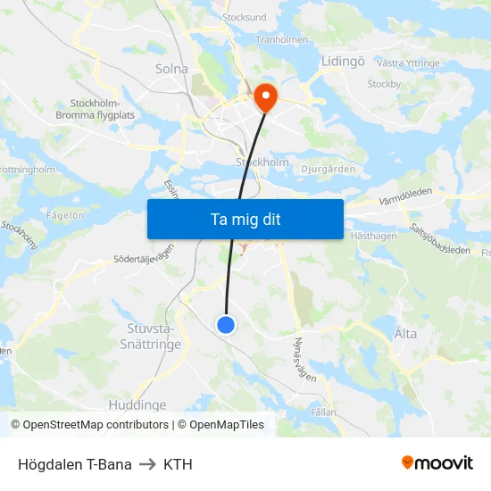 Högdalen T-Bana to KTH map