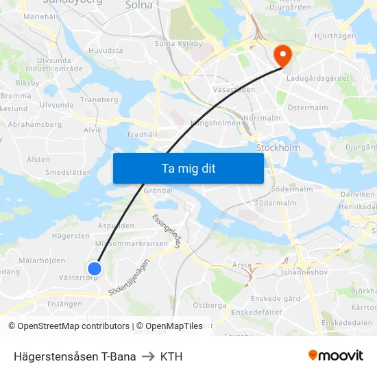Hägerstensåsen T-Bana to KTH map