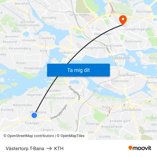 Västertorp T-Bana to KTH map