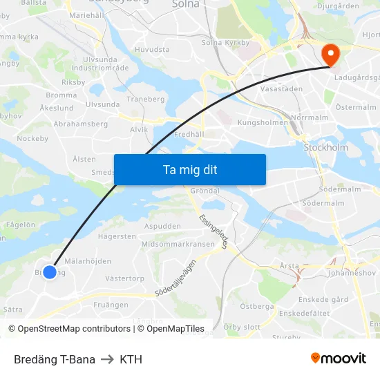 Bredäng T-Bana to KTH map