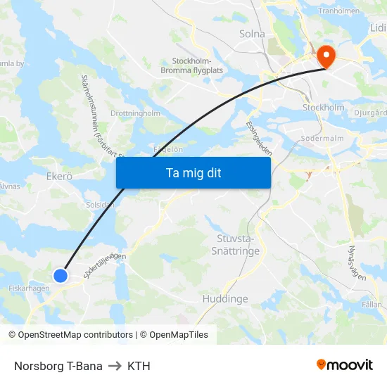 Norsborg T-Bana to KTH map