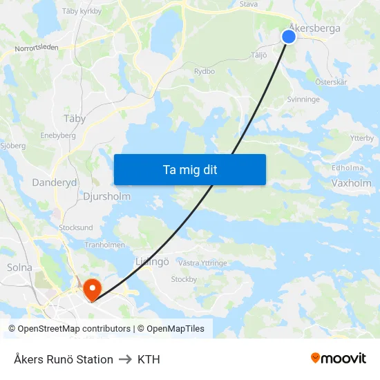 Åkers Runö Station to KTH map